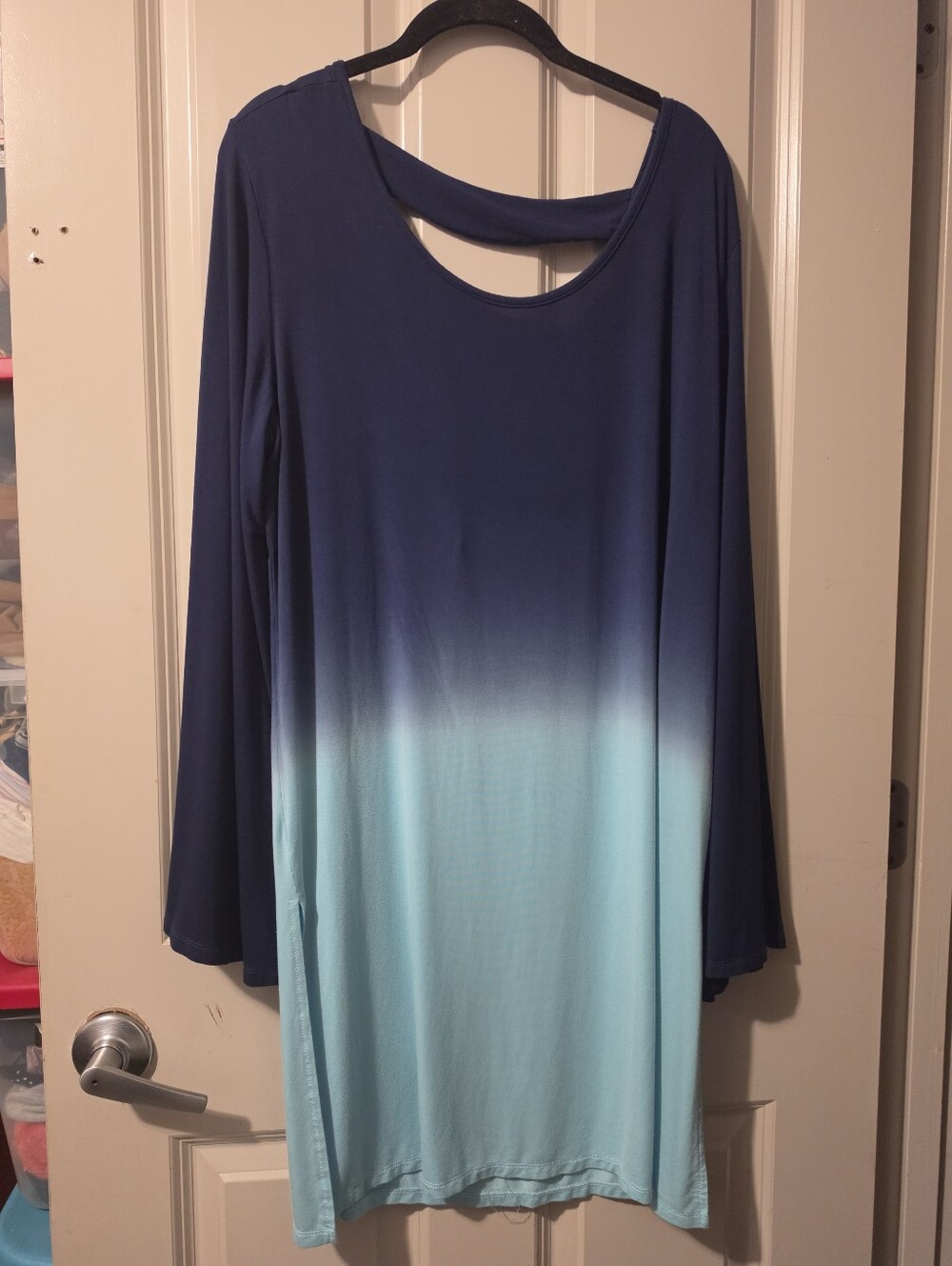Navy to Aqua Ombre Long Sleeve Tunic Swim Cover-up Xl